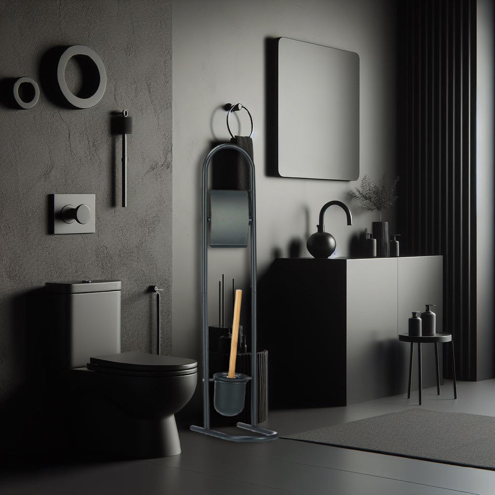 Piantana Portarotolo e Portascopino Metallo Verniciato e Bambù Salvaspazio Nero