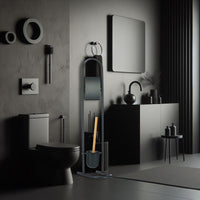 Piantana Portarotolo e Portascopino Metallo Verniciato e Bambù Salvaspazio Nero