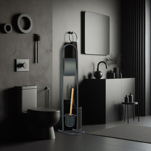 Piantana Portarotolo e Portascopino Metallo Verniciato e Bambù Salvaspazio Nero