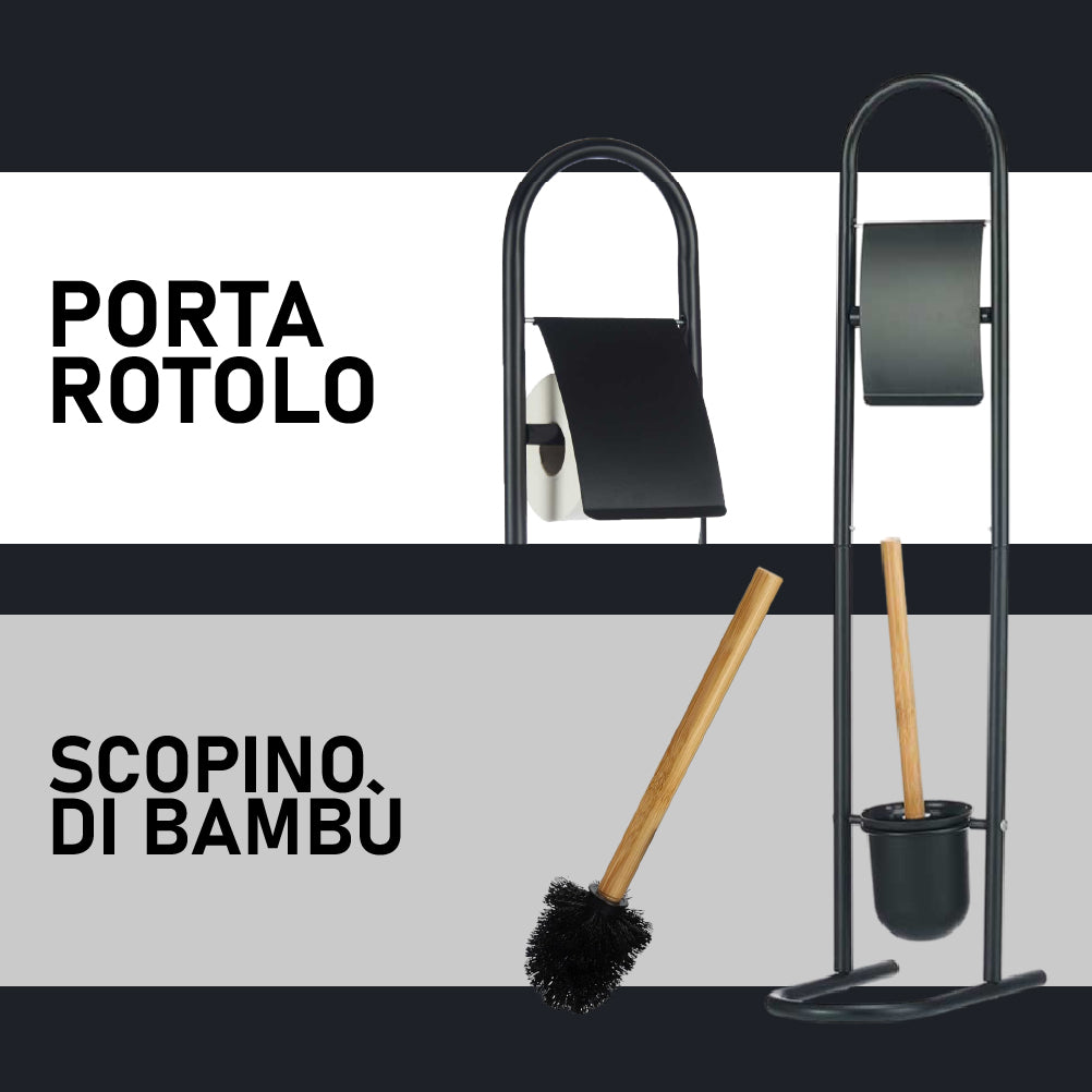 Piantana Portarotolo e Portascopino Metallo Verniciato e Bambù Salvaspazio Nero