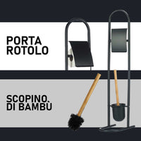 Piantana Portarotolo e Portascopino Metallo Verniciato e Bambù Salvaspazio Nero