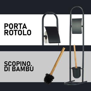 Piantana Portarotolo e Portascopino Metallo Verniciato e Bambù Salvaspazio Nero