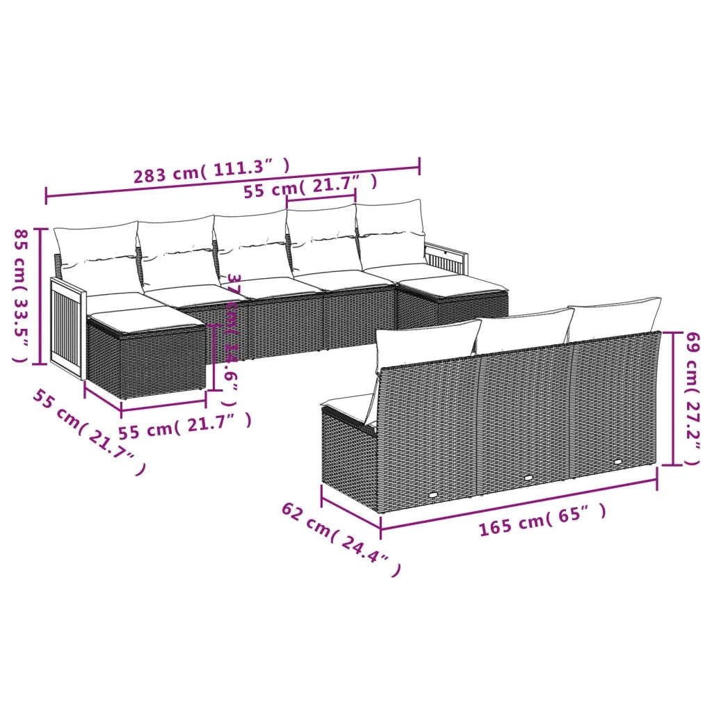 Set Divani da Giardino 10pz con Cuscini in Polyrattan Nero 3228064