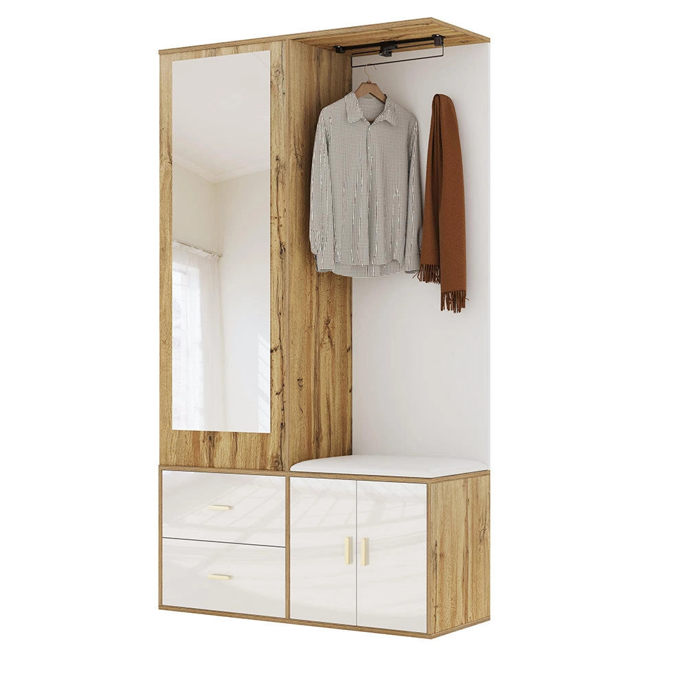 Armadio guardaroba completo - Xylo - Bianco e legno - Specchio, scarpiere, panca e appendiabiti scorrevole