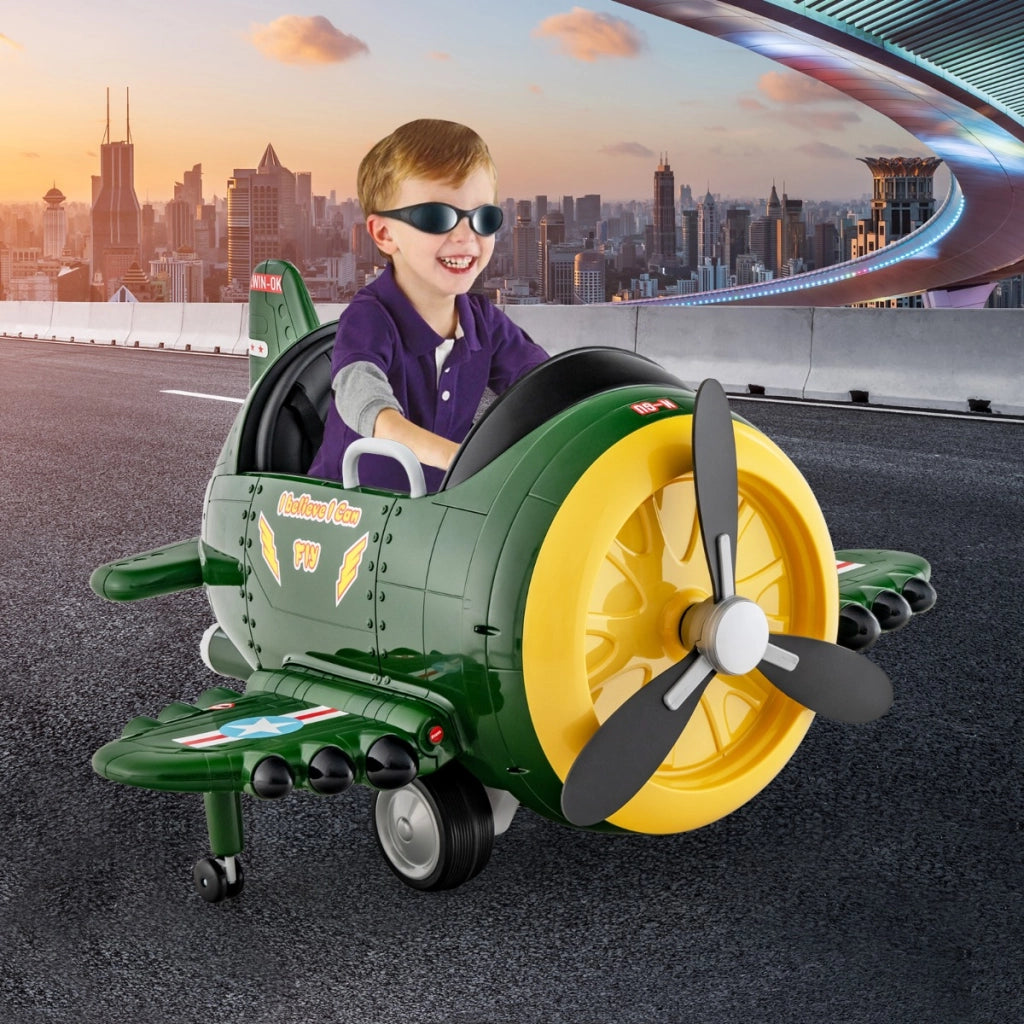 Auto giocattolo elettrica a forma di aereo per bambini, Aeroplano con joysticks e telecomando alare pieghevole Verde-Macchinine giocattoli