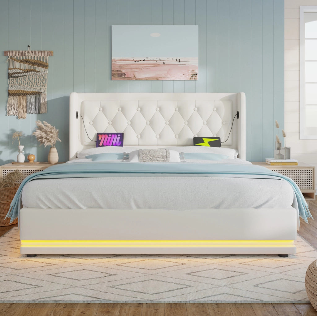 Letto matrimoniale contenitore 180x200 cm bianco con LED e USB-C