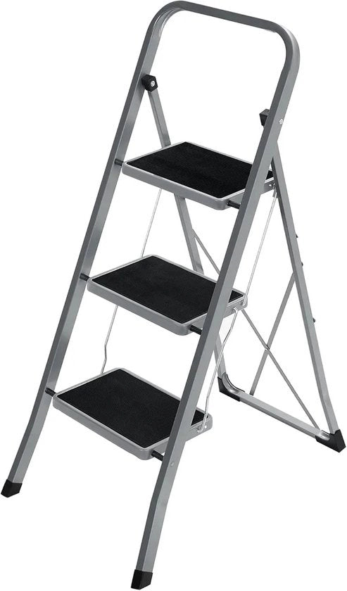 Trappola di sicurezza con 3 scalini - Antiscivolo - Robusta - Acciaio - fino a 150kg - Ripiegabile - Blocco - Grigio