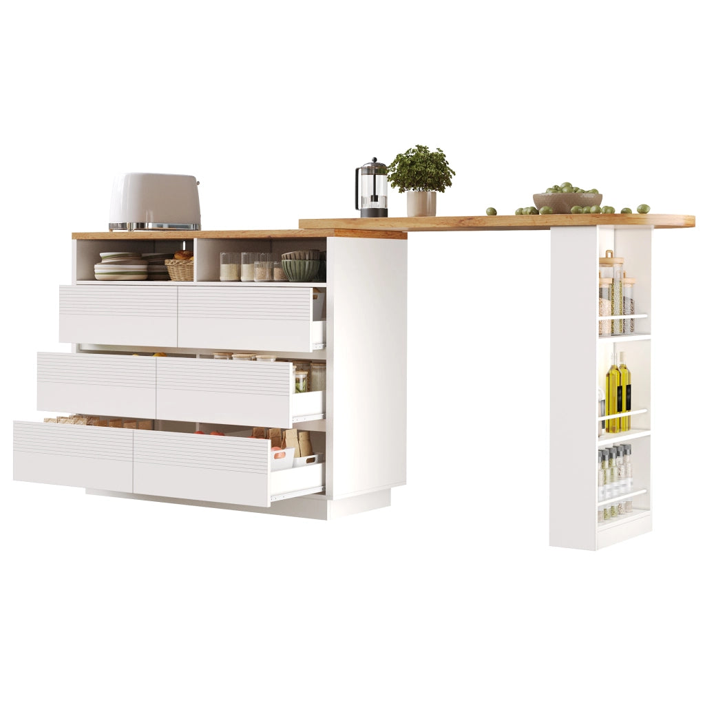 Tavolo bar estensibile con 6 cassetti; piano girevole; ruote nascoste e sistema antiribaltamento; per soggiorno e cucina