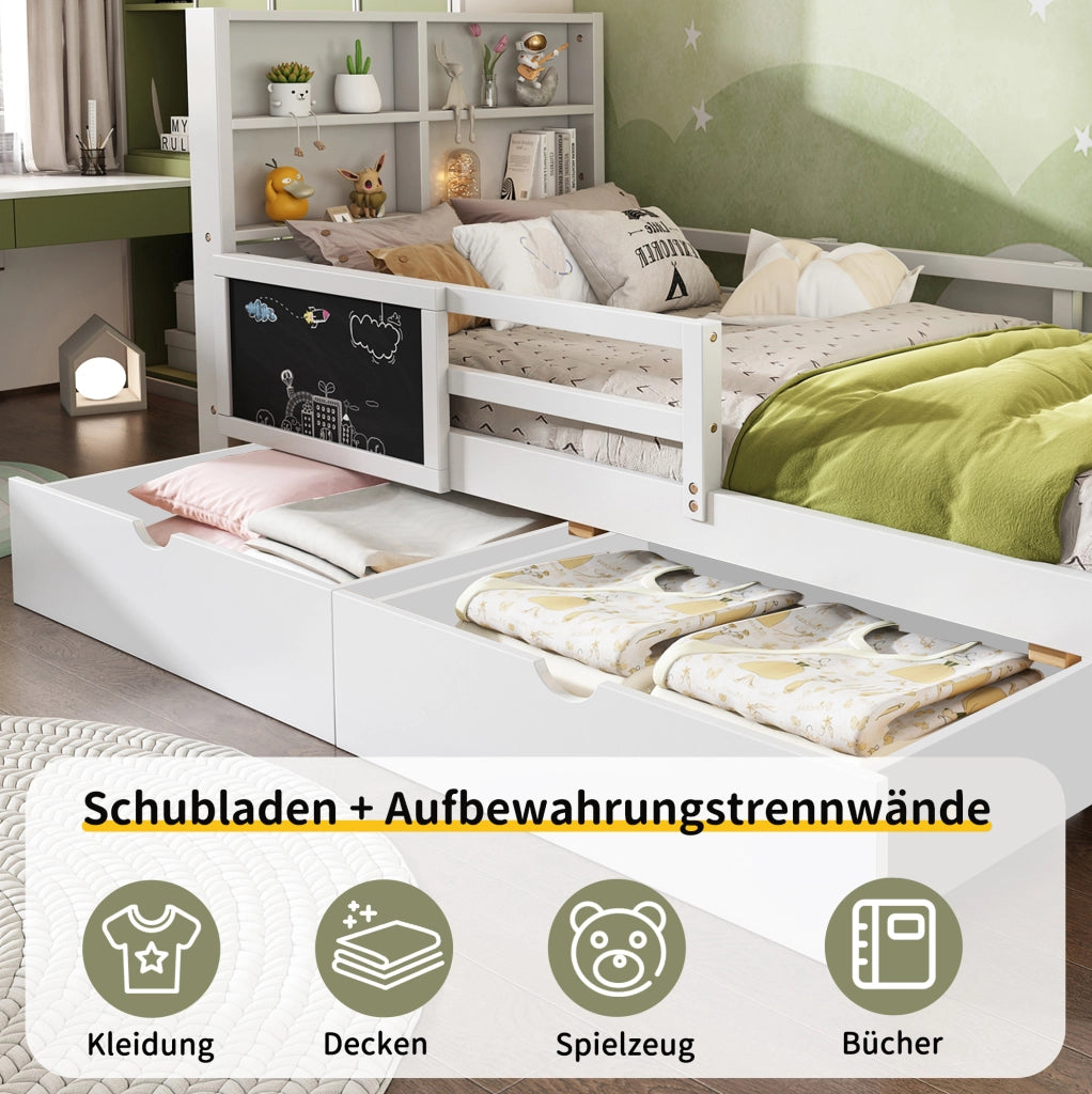 Letto per bambini con lavagna, cassetti e rete 90 x 200 cm bianco