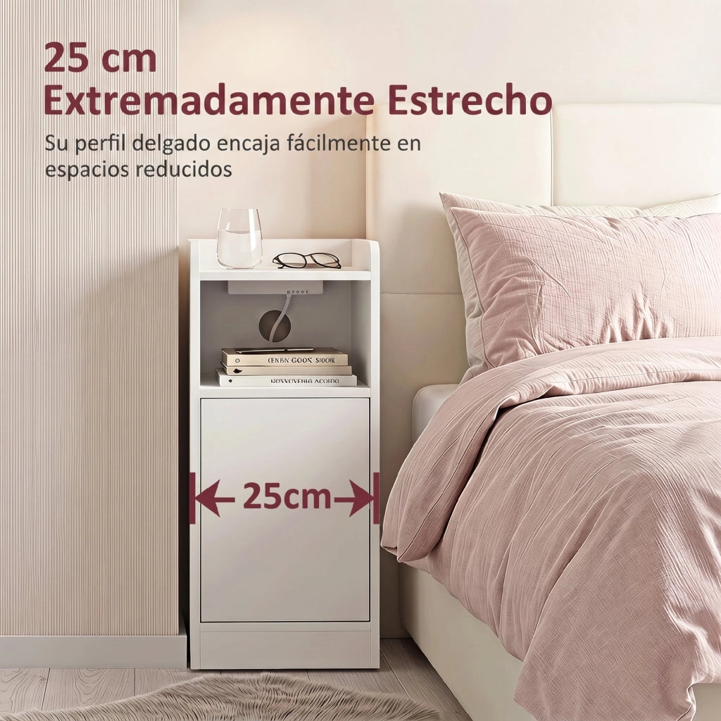 Set 2 Comodini Stretti da 25 cm con Stazione di Ricarica USB e Type-C Bianchi