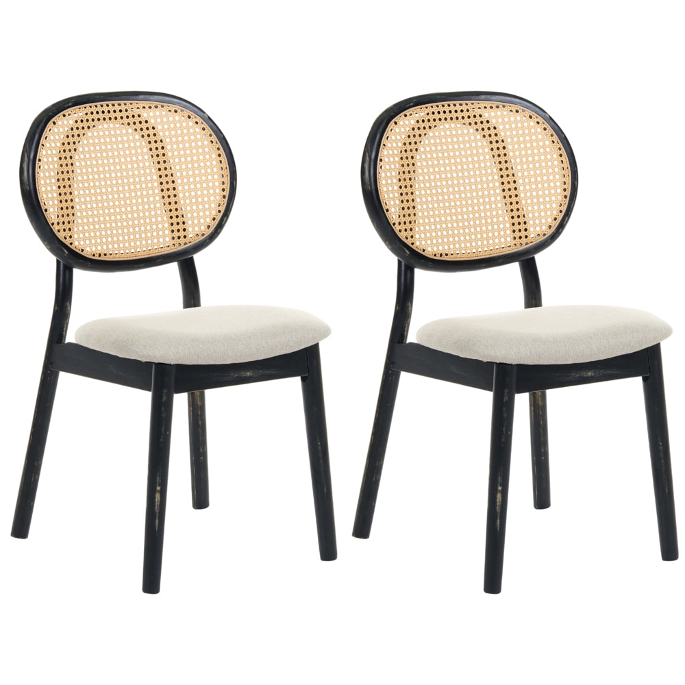 Set di 2 sedie da pranzo con struttura in legno e rivestimento in tessuto nero e beige, schienale ovale con intreccio viennese, stile Japandi