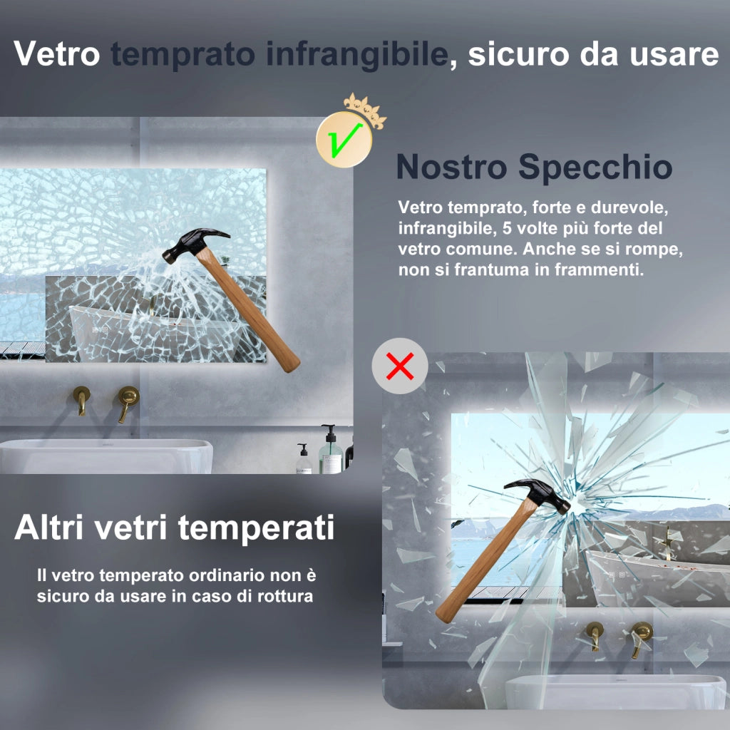 Specchio da bagno Rettangolare con 70x50cm,3 colori,Memoria, Antifog,Regorabile,Retroilluminato,doppio interruttore,