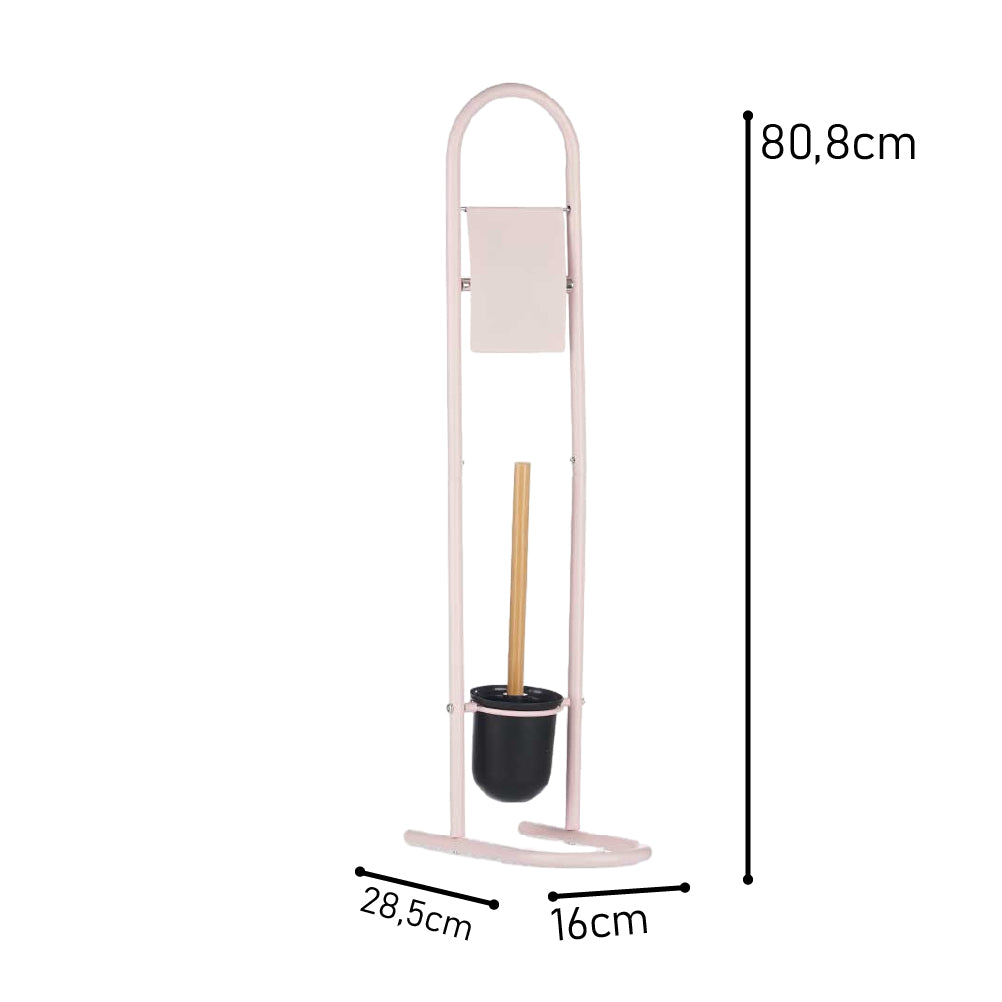 Piantana Portarotolo e Portascopino Metallo Verniciato e Bambù Salvaspazio Rosa