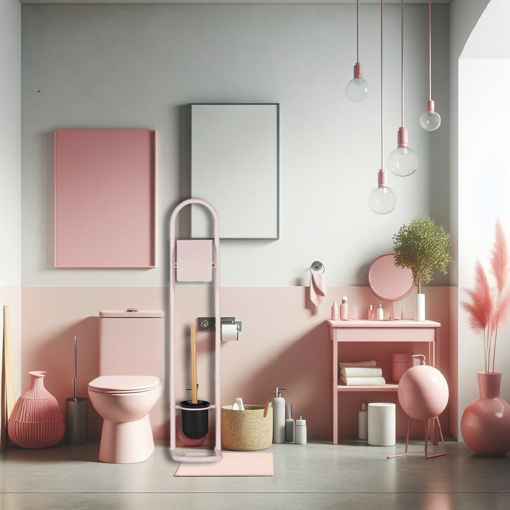 Piantana Portarotolo e Portascopino Metallo Verniciato e Bambù Salvaspazio Rosa