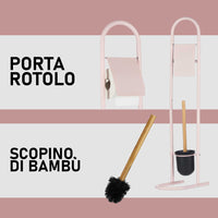 Piantana Portarotolo e Portascopino Metallo Verniciato e Bambù Salvaspazio Rosa