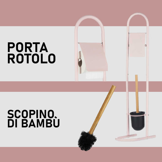 Piantana Portarotolo e Portascopino Metallo Verniciato e Bambù Salvaspazio Rosa