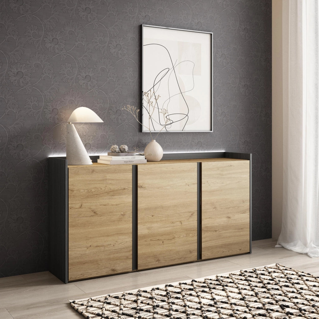 Credenza, Mobile, Cucina, 156x80x35 cm, 3 Porte, LED, Rovere e nero