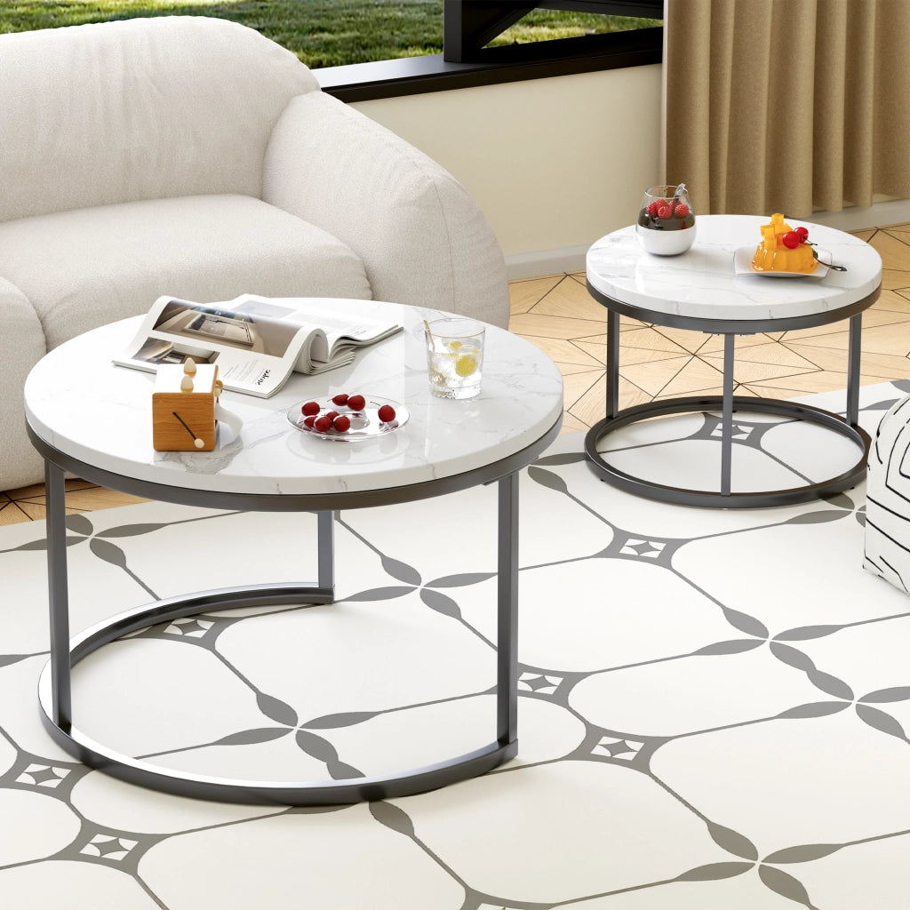 TAVOLINI DA CAFFÈ Set 2 Pezzi 70x70x45 cm Effetto Marmo Bianco con Struttura Nera