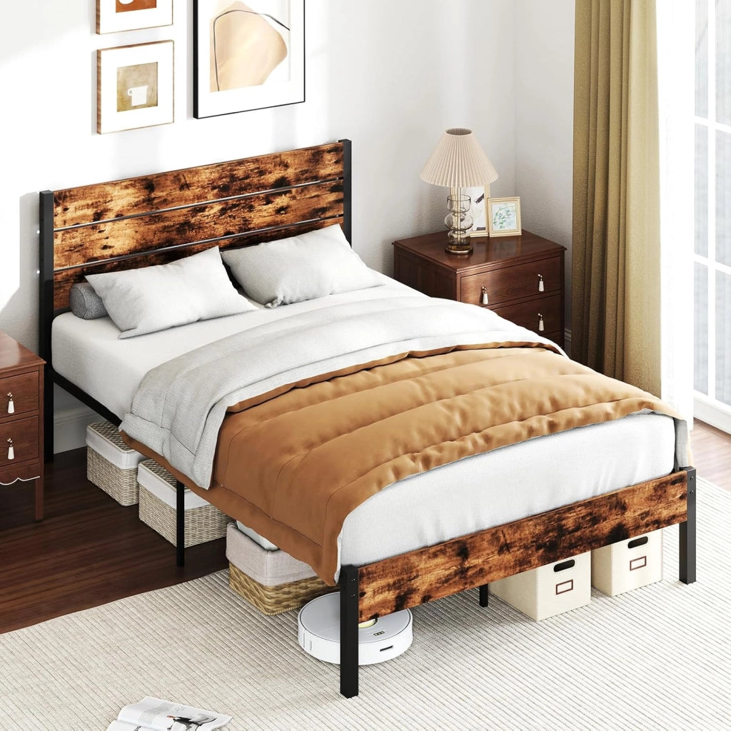 Telaio letto per materasso 140 x 200 cm, letto in metallo con rete a doghe, telaio del letto con testiera, letto matrimoniale industriale, in metallo e legno, letto per gli ospiti