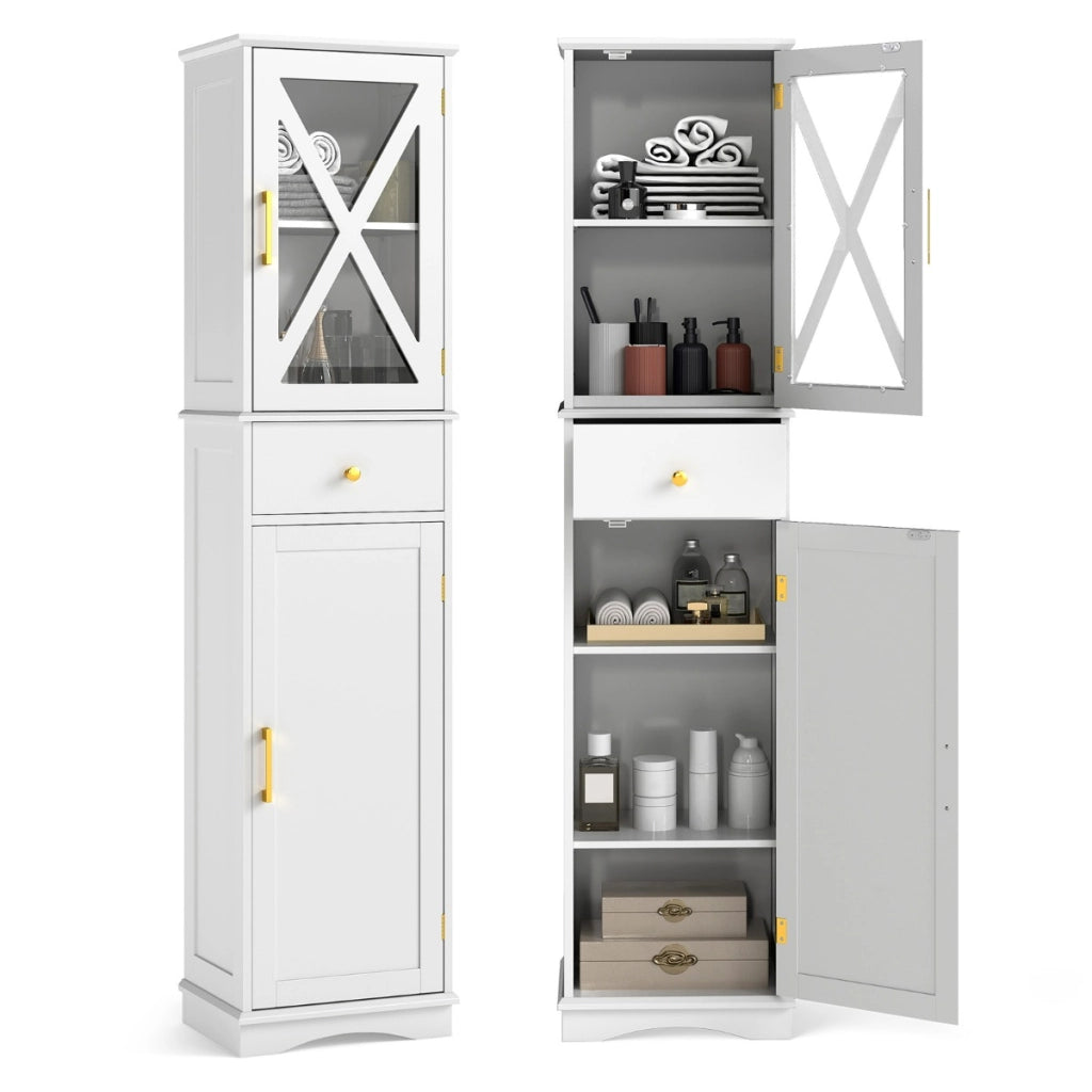 Armadio da bagno alto con cassetto per soggiorno e ufficio, Armadietto stretto in legno per cucina Bianco-Armadietti da bagno