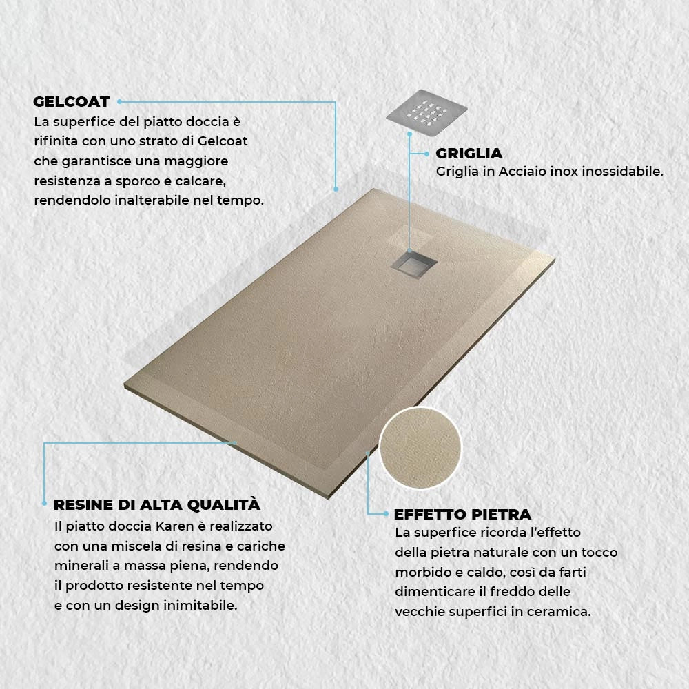 Piatto doccia filo pavimento Karen 80x150 in resina pietra tortora