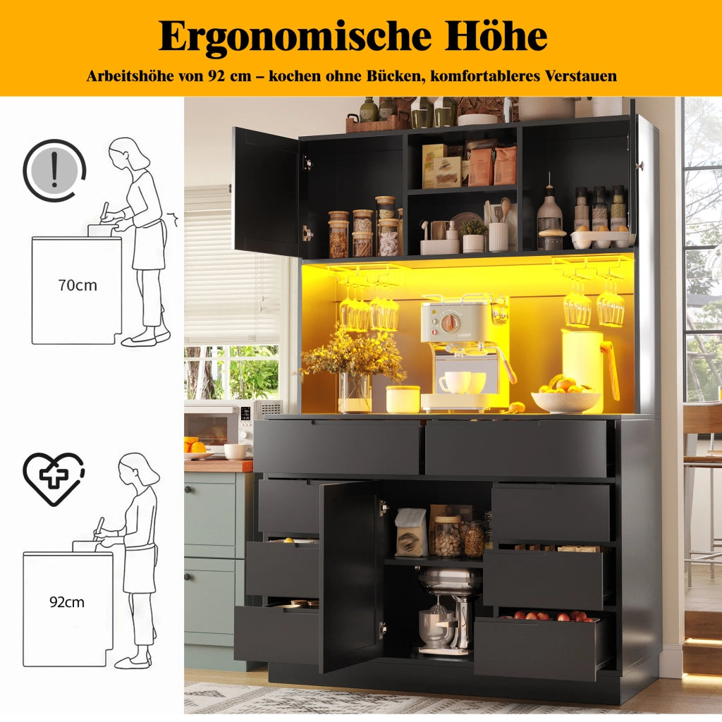 ARMADIO CUCINA 120x40x183,5 cm MDF Nero 8 cassetti con LED