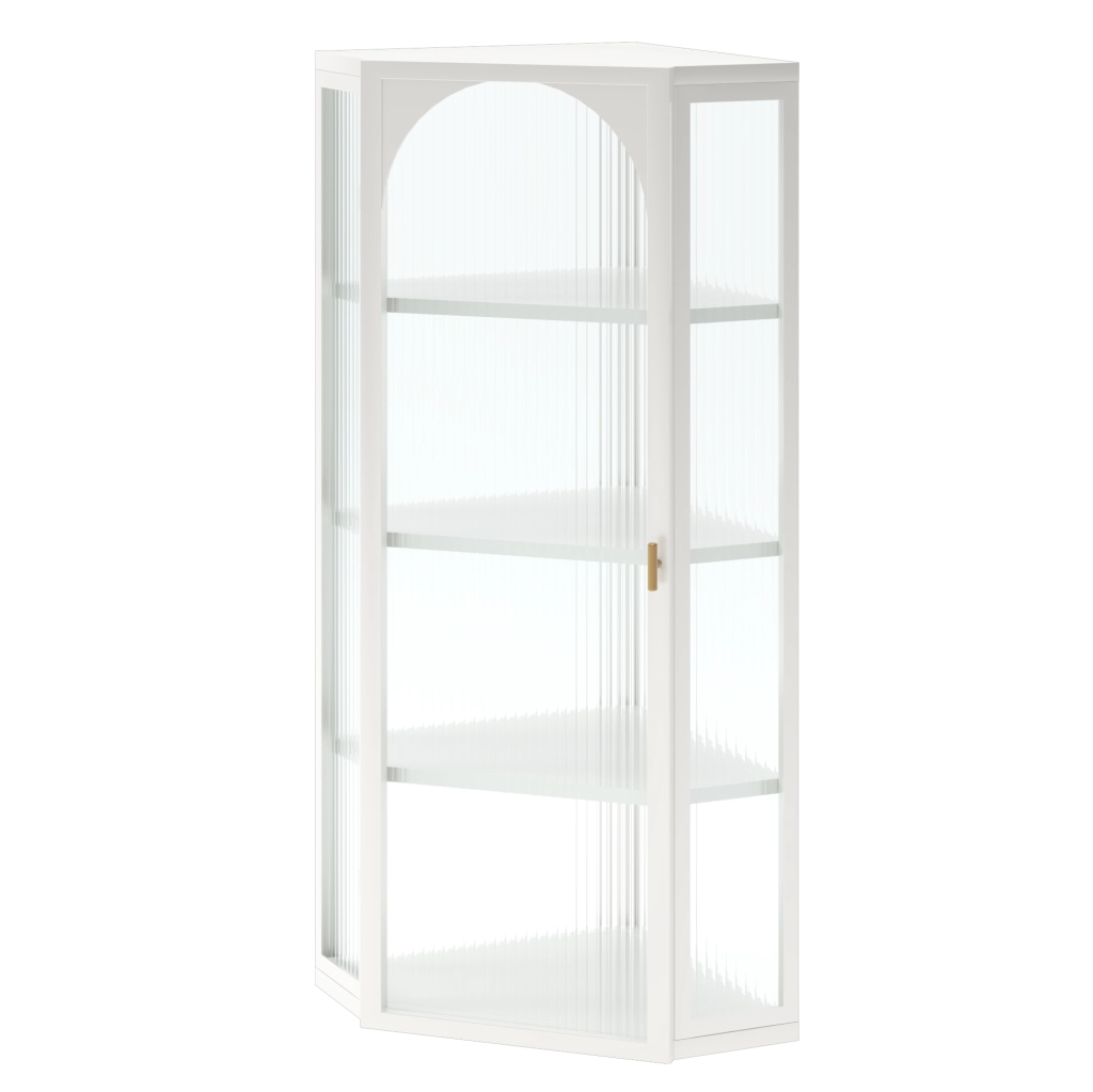Armadio da parete triangolare bianco con vetro trasparente chiaro, 105 cm, 4 ripiani senza schiena, per cucina e bagno