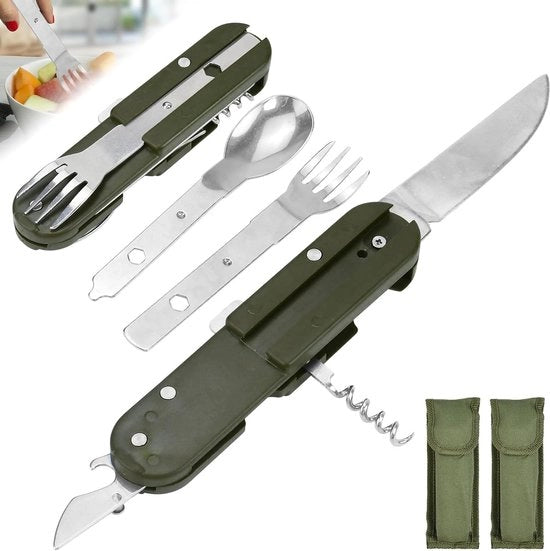Set di utensili da campeggio 5-in-1 pieghevoli, 3 parti in acciaio inossidabile