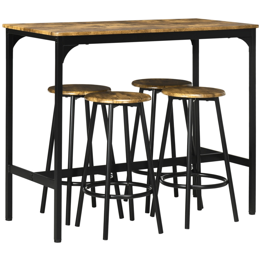Set tavolo bar con 4 sgabelli in MDF marrone e metallo nero 110x50x89,5 cm stile industriale