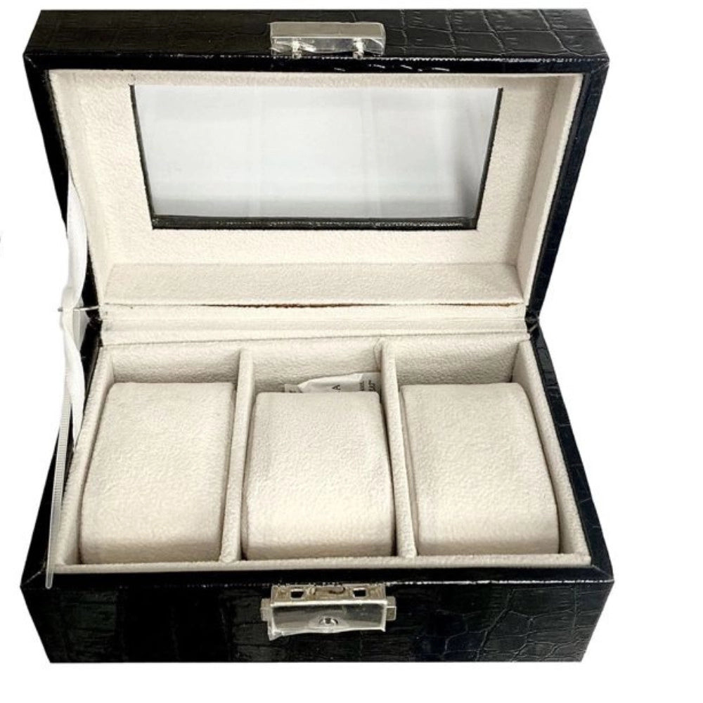 Trade Shop - Scatola Porta Orologi 3 Posti Con Vetro Custodia Elegante Effetto Pelle Nera -