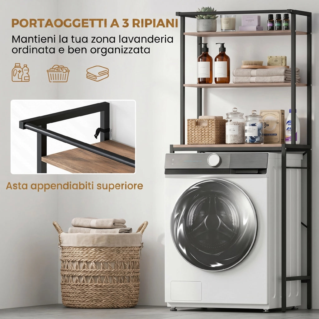 Mobile Sopra Lavatrice 67x40x161,8 cm a 3 Ripiani con Barra Appendiabiti in Legno e Acciaio Marrone e Nero