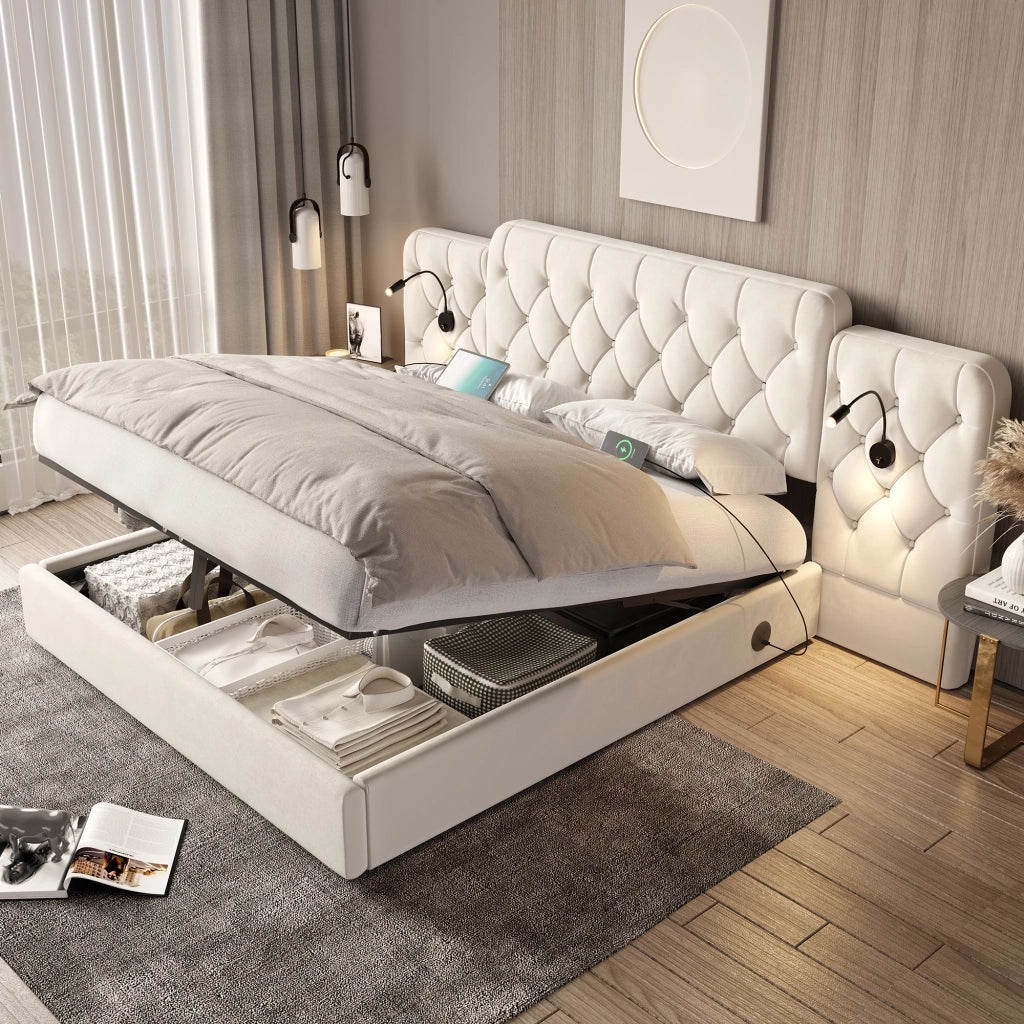 OKWISH Letto Contenitore 180×200 cm, Letto Matrimoniale con 4 Porte USB, Lampade da Lettura e Sollevamento Idraulico, senza Materasso, Velluto, Beige
