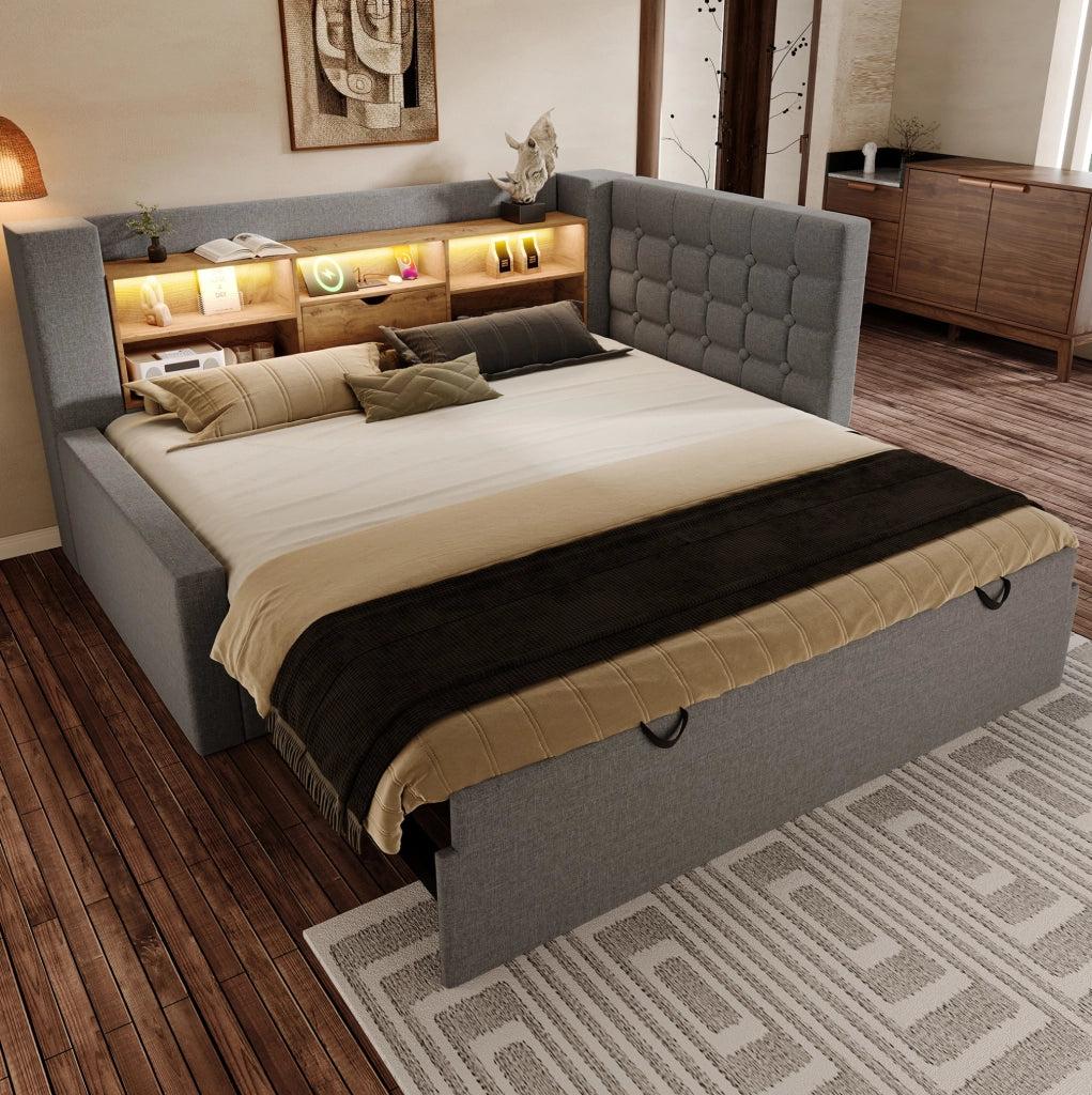 Letto imbottito con letto estraibile, LED e USB