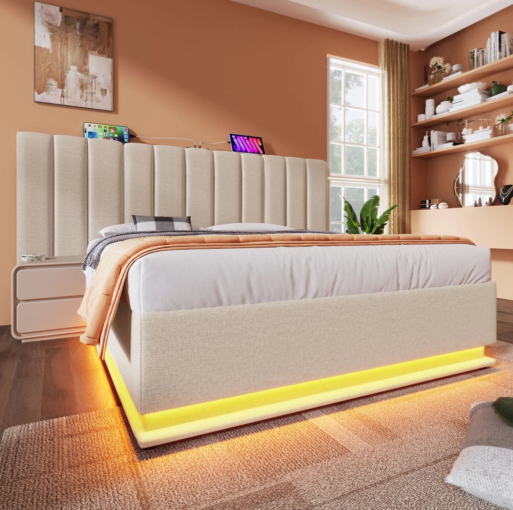 Letto imbottito contenitore 160x200 cm con LED; USB e Type-C; lino beige