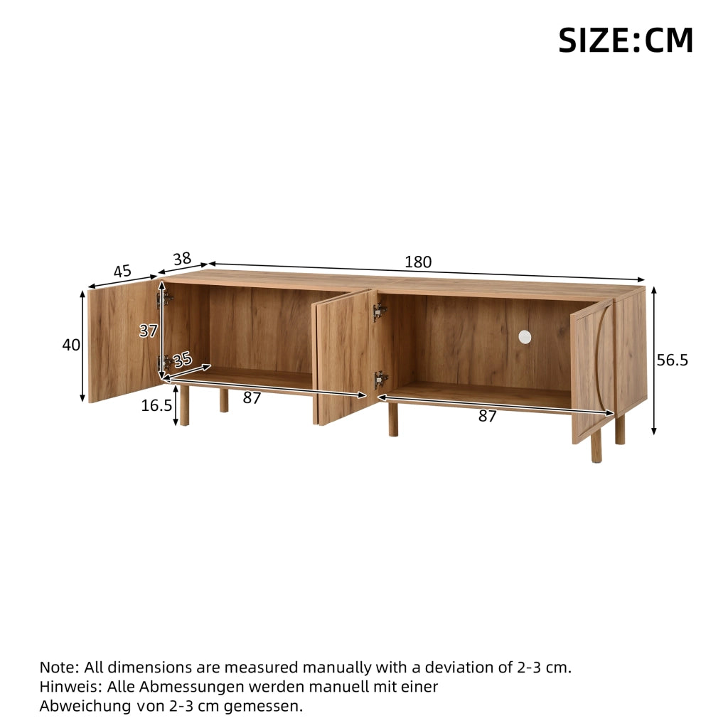 Mobile porta TV con 4 ante e 2 vani, passacavi, rilievo 3D, per soggiorno, in legno, naturale, 180 × 38 × 56,5 cm