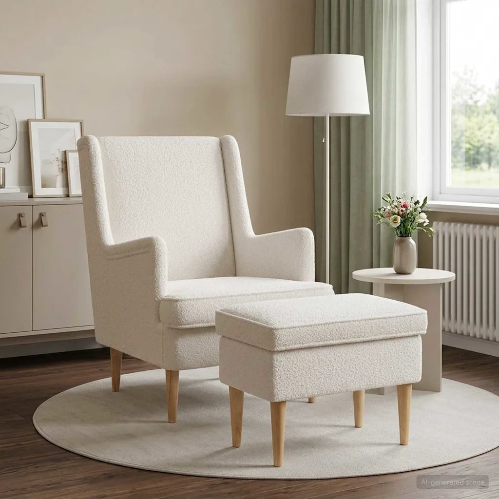 Poltrona con Ottomano 2 pz Crema Bouclé 3418838