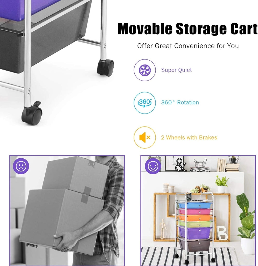 Carrello con 6 Cassetti, Portaoggetti Multistrato, Carrello da Stoccaggio a 6 Ripiani, Contenitore con Ruote, Scaffale Mobile Salvaspazio, 32x37x74 cm, Colorato