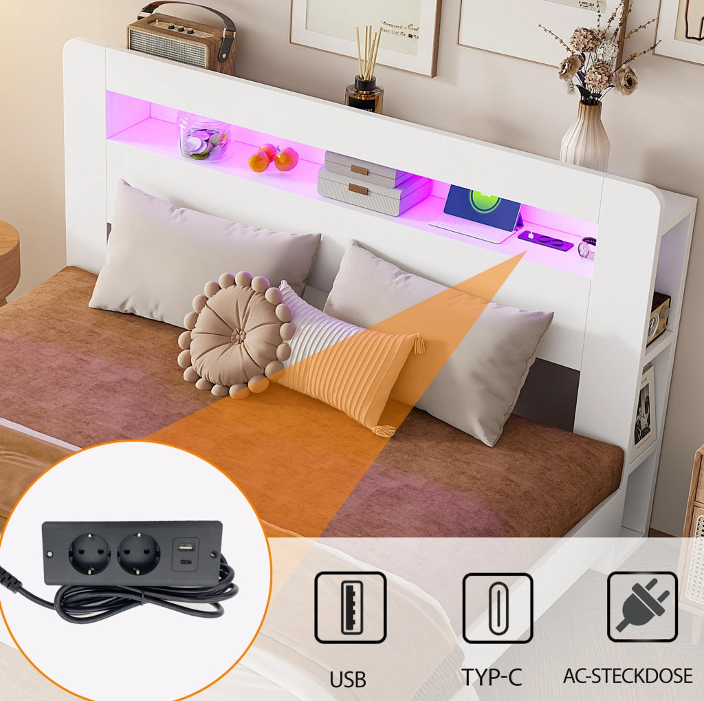 Letto multifunzione 140x200 cm con LED e prese, bianco