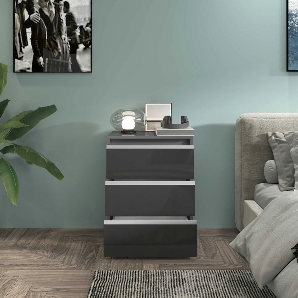 WHOUS Comodino MAGIC con Luce LED Bianca 50x40x65 cm - Comodino Moderno con 3 Cassetti e Manici in Alluminio - Comodino in Legno Riciclato Antracite Lucido