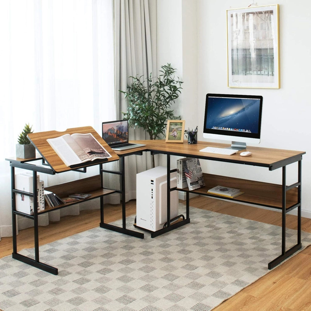 Scrivania ad angolo a forma di L 170 cm, scrivania per computer con 2 ripiani, vassoio inclinabile, supporto per unità centrale, tavolo da computer, poco ingombrante, stile industriale