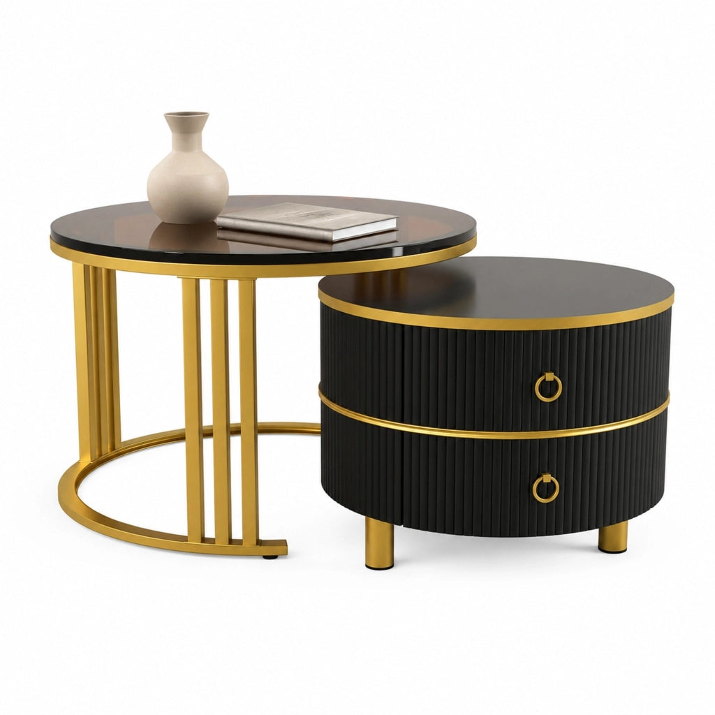 Set di tavolini rotondi da salotto con 2 cassetti nero e oro