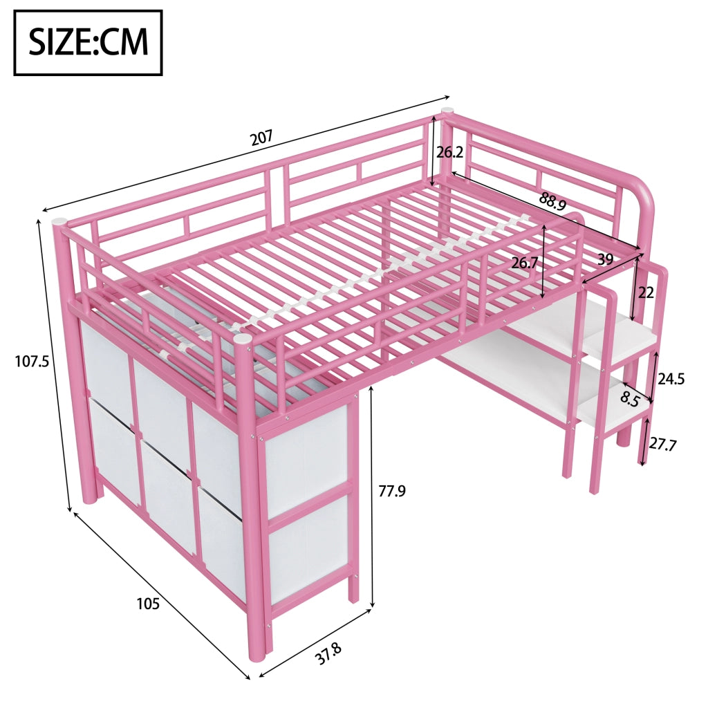 Letto a soppalco basso per bambini 90x200 cm in metallo e MDF rosa con scale larghe, cassetti e ripiani