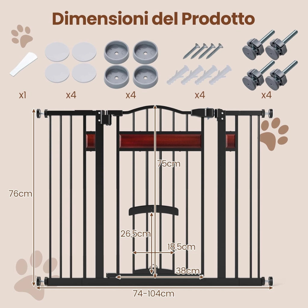 Cancello per Cani per Aperture da 74 a 104 cm, Recinto Espandibile con 2 Prolunghe, Installazione Senza Fori con Supporti, Doppia Chiusura, Cancello Metallico per Scala e Ingresso (Nero)