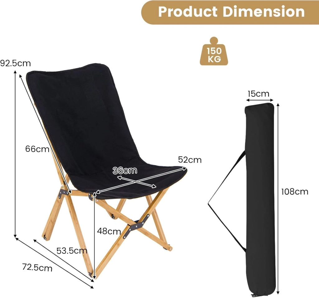Set di 2 sedie da sdraio, sedia da giardino con tasca laterale, sedia pieghevole in bambù, sedia da campeggio con borsa, sedia da spiaggia fino a 150 kg, per campeggio, pesca (Nero)
