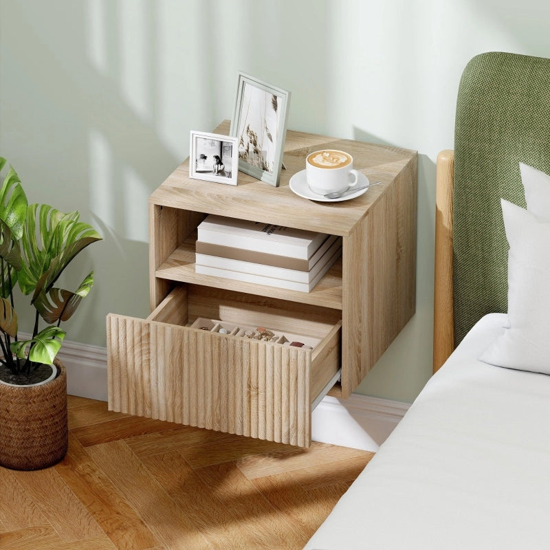 Comodino sospeso in effetto legno naturale, design senza maniglie, 1 cassetto e vano aperto, montaggio a parete