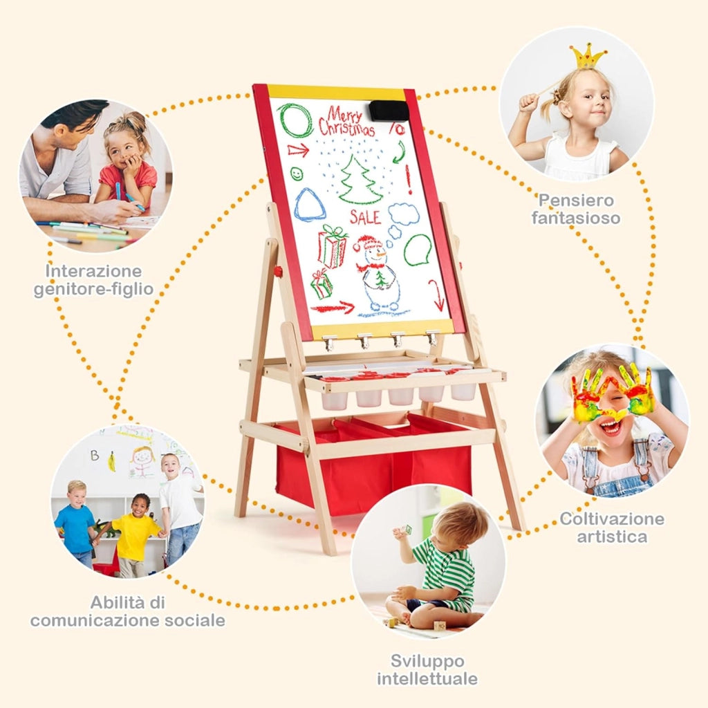 Cavalletto per Bambini 3 in 1, Lavagna Bifacciale, Cavalletto per Disegnare, con Rotolo di Carta, Magnetica, Accessori Completi, in Legno (52,5x51,5x106,5cm)