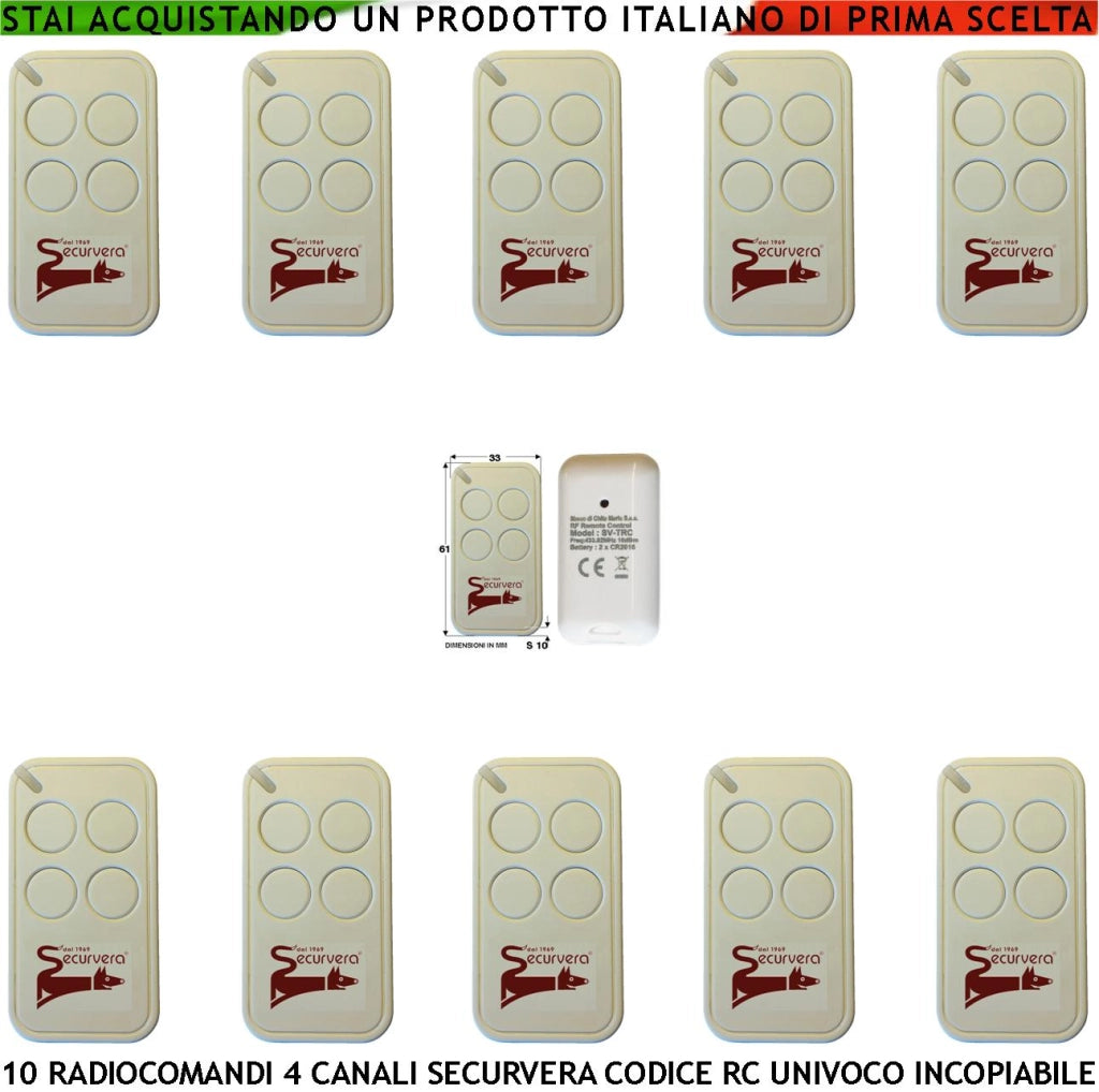 Telecomando Quadricanale 10 Pezzi Frequenza di Trasmissione 433,92 MHz Potenza Trasmessa 1 mW Codifica di Sicurezza Univoca Securvera a 66 Bit Led Segnalazione
