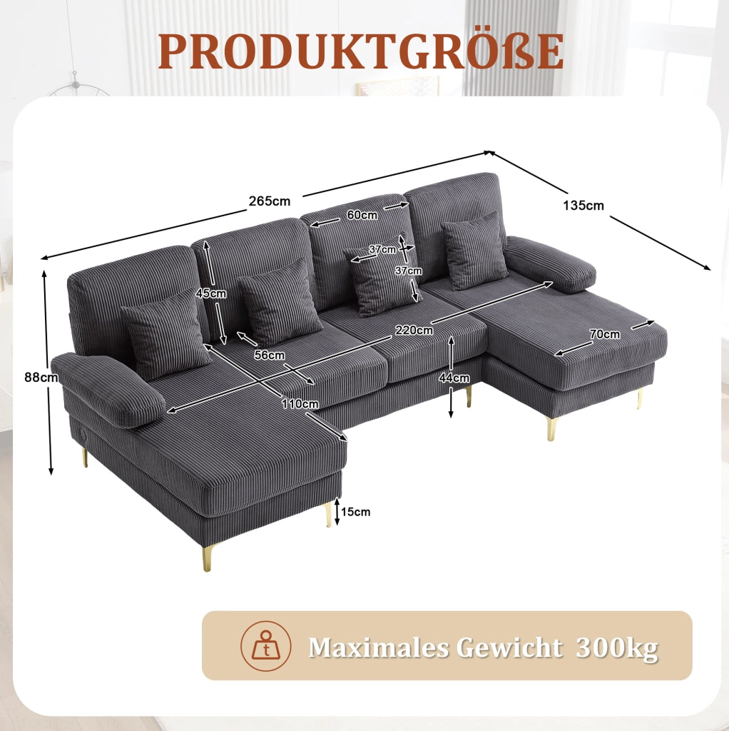 Divano U 265x135x88 cm con LED; USB e cuscini in velluto grigio