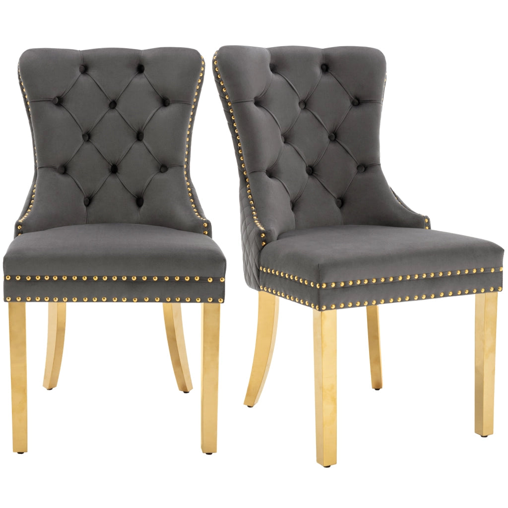 OKWISH Lot de 2 Sedie da Pranzo, con Anello Rotondo sullo Schienale, Borchie Decorative e Piedini Regolabili, Velluto Grigio