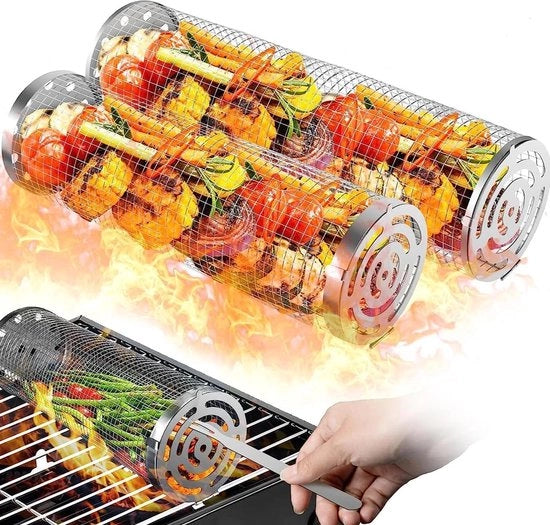 Due cilindrici grills per BBQ in acciaio inossidabile con forchette - griglia esterna per camping, verdure, patatine, carne, pic nic, attrezzatura da cucina - 10 x 10 x 30 cm